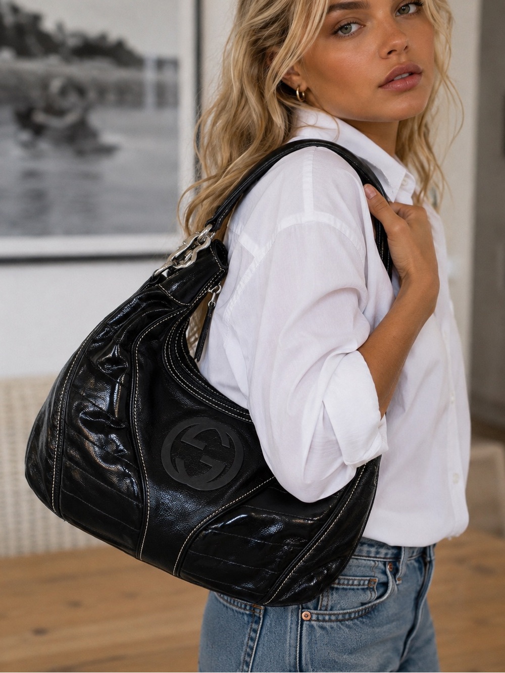 Gucci Snow Glam Bag Medium Hobo vintage Black crossbody